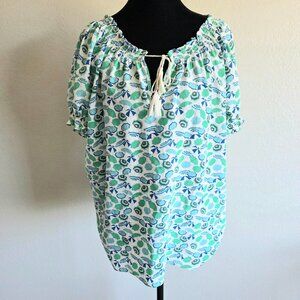 Joie Silk Blouse Sun Umbrella Print Split Neck Tassels Smock Short Sleeve Size M
